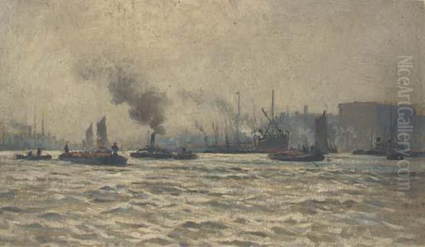 Tugs And Other Shipping On The Thames Oil Painting by William Lionel Wyllie