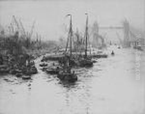 Boats On The Thames At Tower Bridge Oil Painting by William Lionel Wyllie