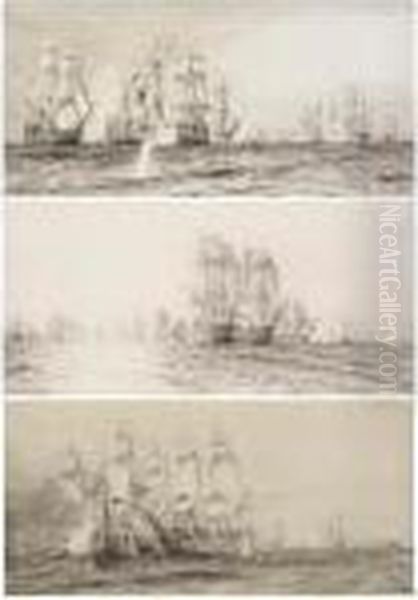 Three Studies For The Panorama 
Of The Battle Of Trafalgar: Victory, Redoutable, Temeraire And Fougueux 
Locked Together; Royal Sovereign Engaging Santa Ana; Santissima 
Trinidad, Largest Ship Afloat, Leviathan About To Rare Stern, Neptune 
And Africa Oil Painting by William Lionel Wyllie