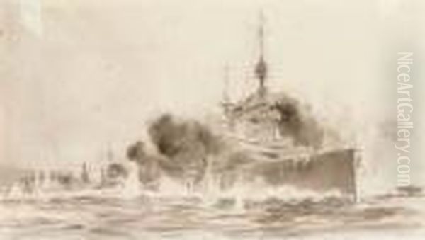 Battleships In Action Oil Painting by William Lionel Wyllie