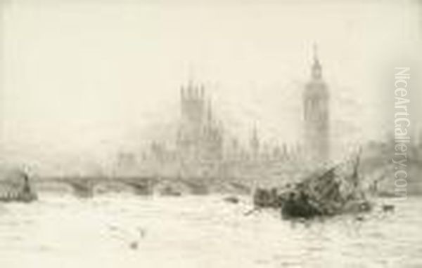 The Houses Of Parliament From The Thames Oil Painting by William Lionel Wyllie