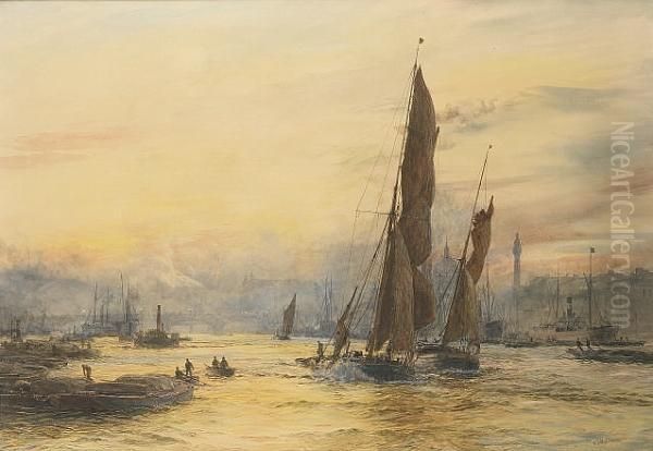 Thames Barges In The Pool Of London, Racing Down The River With The Tide Oil Painting by William Lionel Wyllie