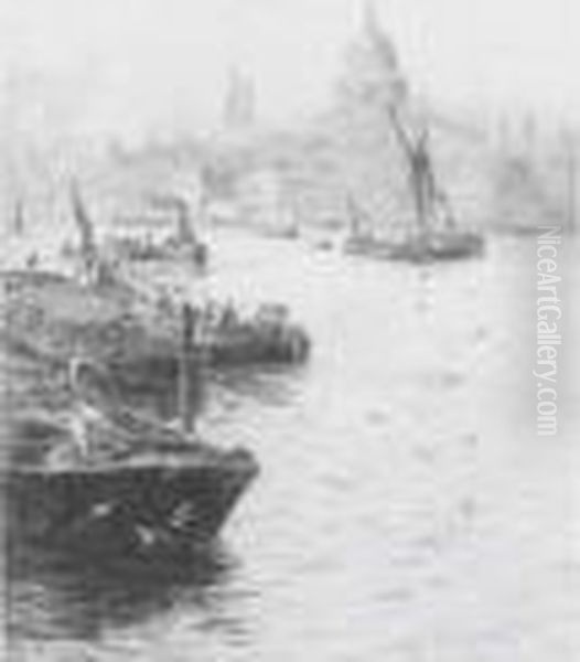 Barges On The Thames Before St. Paul's Cathedral Oil Painting by William Lionel Wyllie