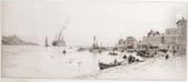 Fishing Boats In Harbour, Steam Ship On The Horizon Oil Painting by William Lionel Wyllie