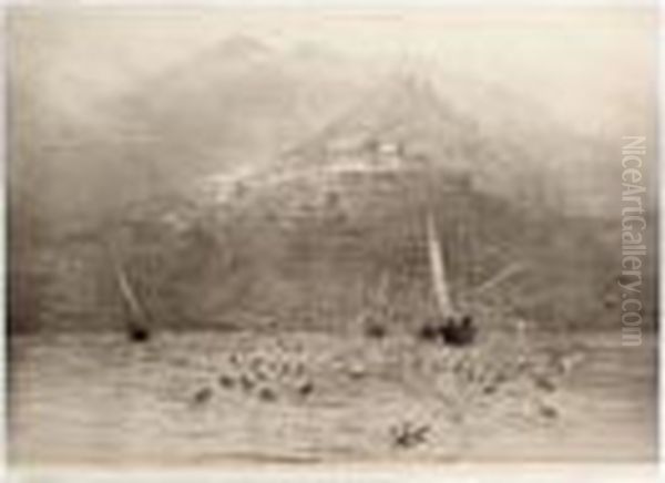 Seagulls Over A Bay With A Temple On The Headland Oil Painting by William Lionel Wyllie