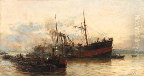 A Steamship In A Harbor With A Tugboat And Barges
Oil On Canvas Oil Painting by William Lionel Wyllie