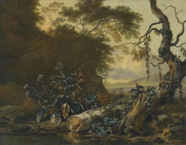 A Landscape With Trees And Foliage Beside The Edge Of A Pond Oil Painting by Jan Wijnants