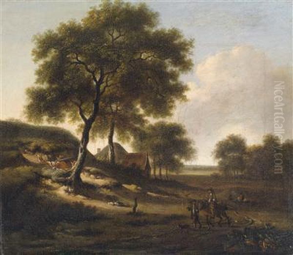 A Tree-clustered Dune Landscape With Afarmhouse And A Horseman Oil Painting by Jan Wijnants