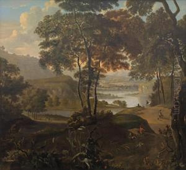 Travellers On A Path In A Wide River Landscape Oil Painting by Jan Wijnants