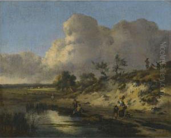 A Dune Landscape With Young Men Fishing, A Homestead And Travellersbeyond Oil Painting by Jan Wijnants