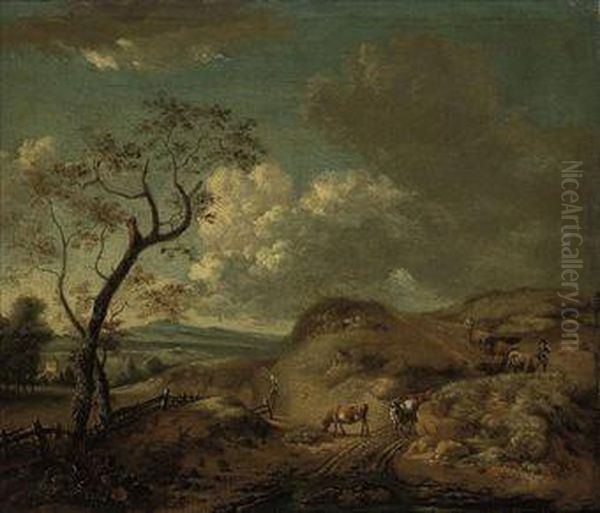 An Extensive Landscape With 
Cattle And Drovers On A Sandy Track, Atower And A Mountain Range Beyond Oil Painting by Jan Wijnants