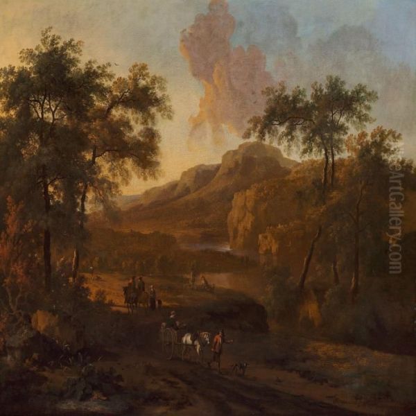 Travellers Along A River Oil Painting by Jan Wijnants