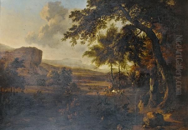 A Wooded River Landscape With A Horse And Cartand Travellers On A Country Path Oil Painting by Jan Wijnants