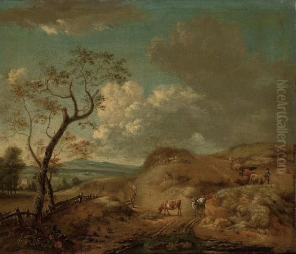 An Extensive Landscape With 
Cattle And Drovers On A Sandy Track, A Tower And A Mountain Range Beyond Oil Painting by Jan Wijnants