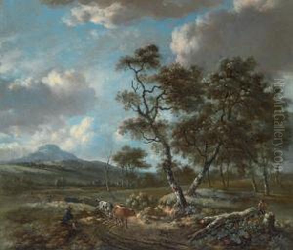 Landscape With Cattle Being Driven Along A Country Road Oil Painting by Jan Wijnants