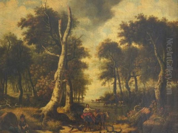 Figures And Animals By A Woodland Pool Oil Painting by Jan Wijnants