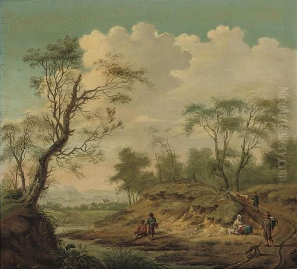 A Wooded River Landscape With Fishermen On A Bank And Figures On Atrack Oil Painting by Jan Wijnants