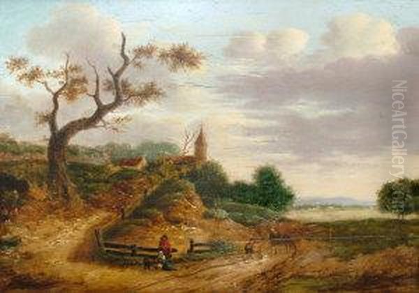 Travellers And Figures In A Rural Landscape, Withdistant Church Oil Painting by Jan Wijnants