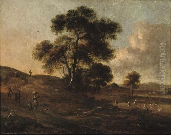 A Dune Landscape With Travellers On A Track, Peasants Harvesting Hay Nearby Oil Painting by Jan Wijnants