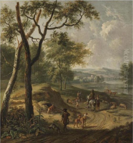 A Dune River Landscape With Huntsmen And A Shepherd On A Track Oil Painting by Jan Wijnants