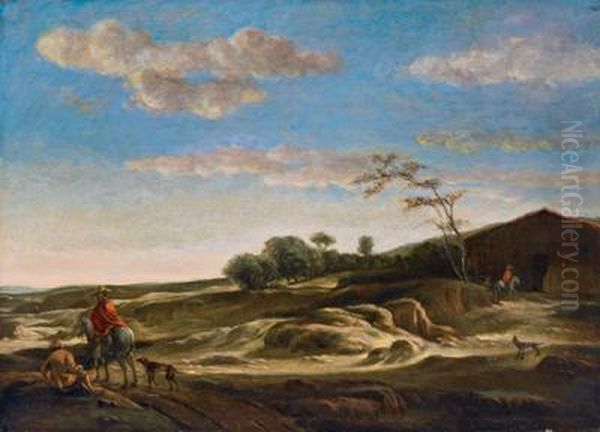 Seguace Paesaggio Di Dune Alberate Con Un Cavaliere E Cani Oil Painting by Jan Wijnants