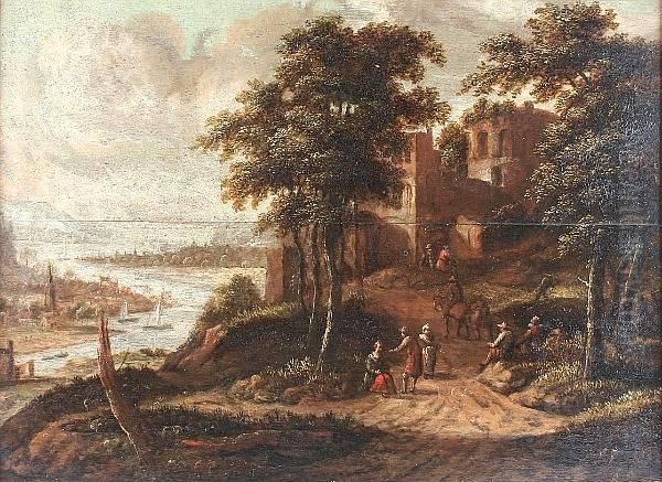 Travellers In A River Landscape Before A Ruined Castle Oil Painting by Jan Wijnants