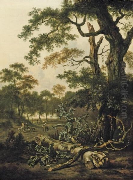 A Wooded Landscape With A Fallen Tree Trunk, Thistle And Figures Beyond Oil Painting by Jan Wijnants