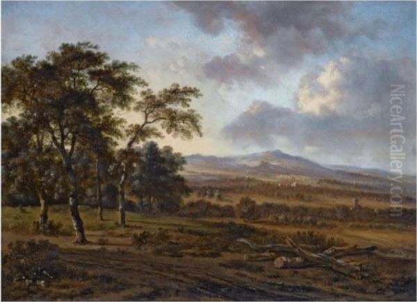 A Hilly Landscape With A Group Of Trees To The Left, A Church Tower In The Distance Oil Painting by Jan Wijnants