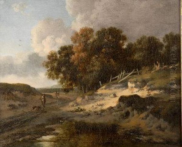 A Rural Landscape With A Man 
Walking Twodogs To The Foreground And Two Other Figures On A Country 
Road Oil Painting by Jan Wijnants