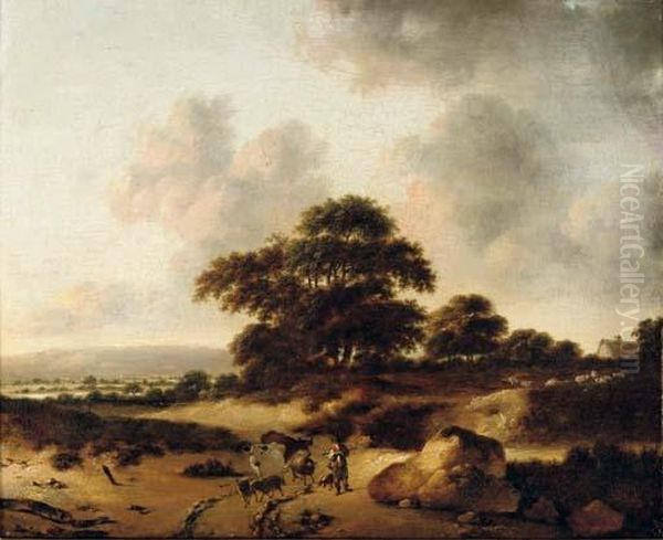 A Wooded Dune Landscape With A Peasant And His Cattle Oil Painting by Jan Wijnants