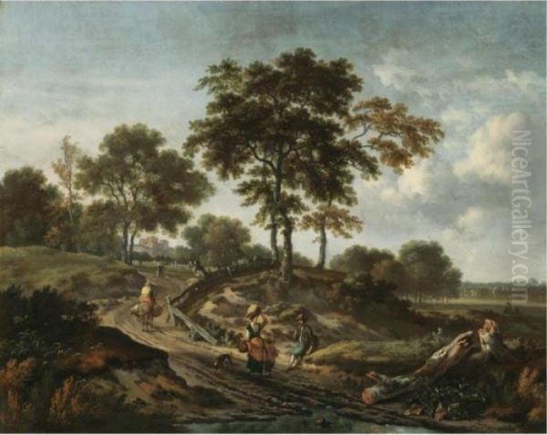 A Landscape With Peasants Conversing On A Countryside Path Oil Painting by Jan Wijnants