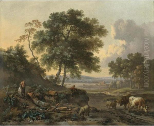 A Landscape With A Drover Resting His Cattle And Sheep, A Lakeside Town Beyond Oil Painting by Jan Wijnants