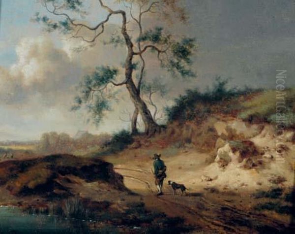 A Traveler And His Dog On A Path Amongst Dunes Oil Painting by Jan Wijnants