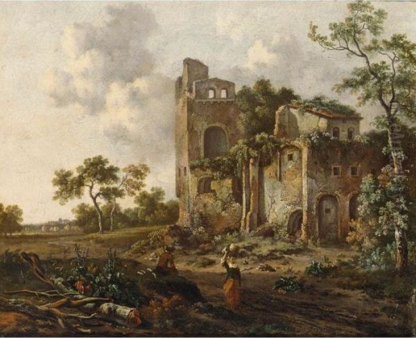 A Castle Ruin Near A Meadow With Travellers To The Foreground Oil Painting by Jan Wijnants