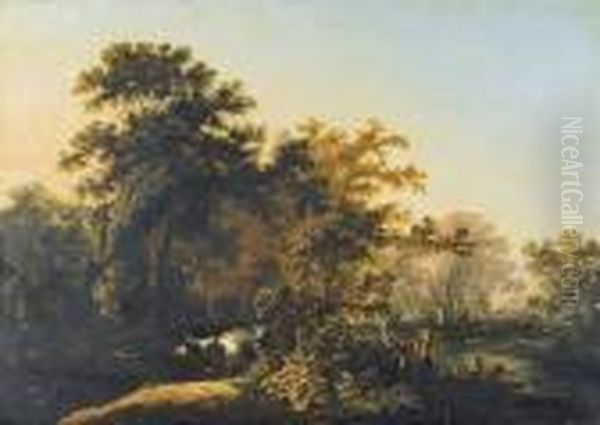 Landschap Met Twee Koeien Nabij Waterplas Oil Painting by Jan Wijnants