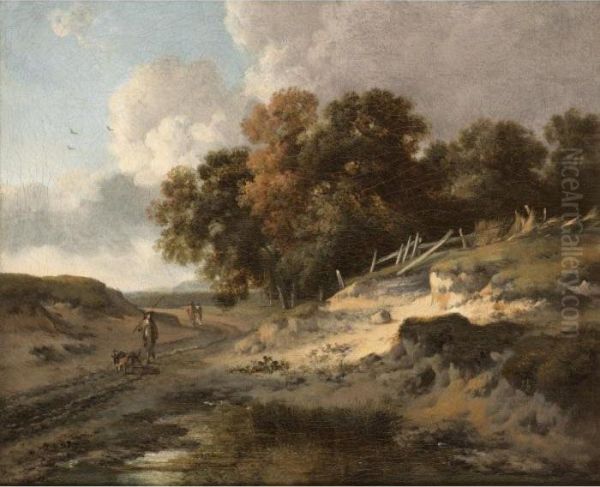 A Dune Landscape With A Man And Two Dogs On A Country Road Oil Painting by Jan Wijnants