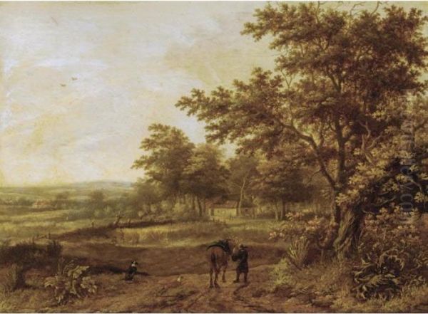 A Wooded Landscape With A Traveller And His Horse On A Path, A Farmhouse Beyond Oil Painting by Jan Wijnants