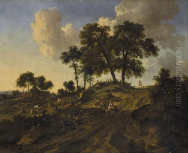 Dune Landscape With Men Making 
Hay And Sportsmen And Peasants On A Sandy Road 
In The Foreground Oil Painting by Jan Wijnants