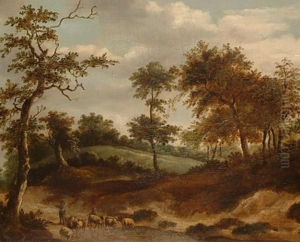 A Wooded Landscape With A Shepherd And His Flock Fording A Stream. Oil Painting by Jan Wijnants