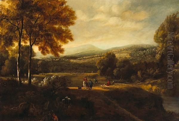 A Pastoral Landscape With A Rider On Horseback And Figures Strolling Oil Painting by Jan Wijnants