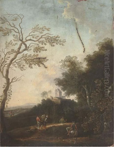 A Wooded River Landscape With Figures On A Track Oil Painting by Jan Wijnants