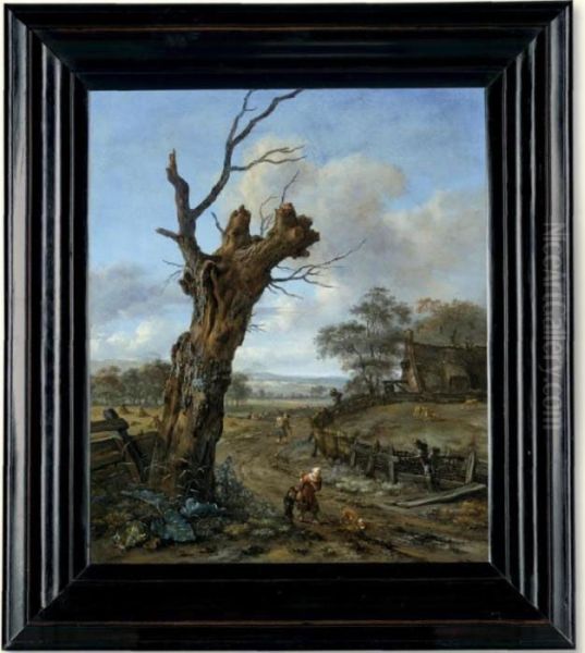 Landscape With Travellers On A Track By A Blasted Willow Oil Painting by Jan Wijnants