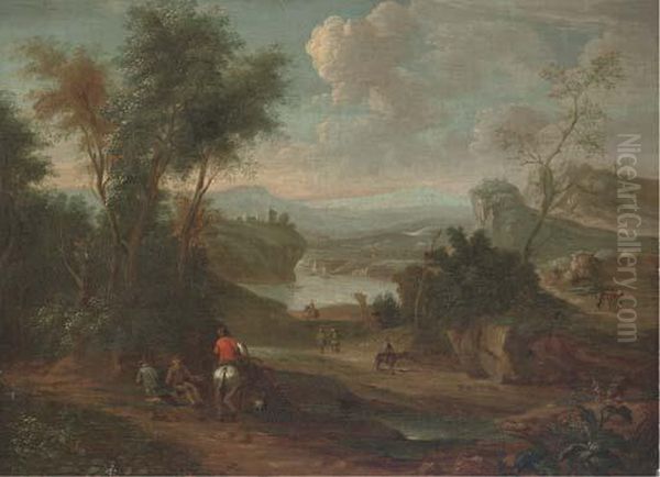 A Wooded River Landscape With A 
Figure On Horseback Conversing With Two Travellers Resting On A Track Oil Painting by Jan Wijnants