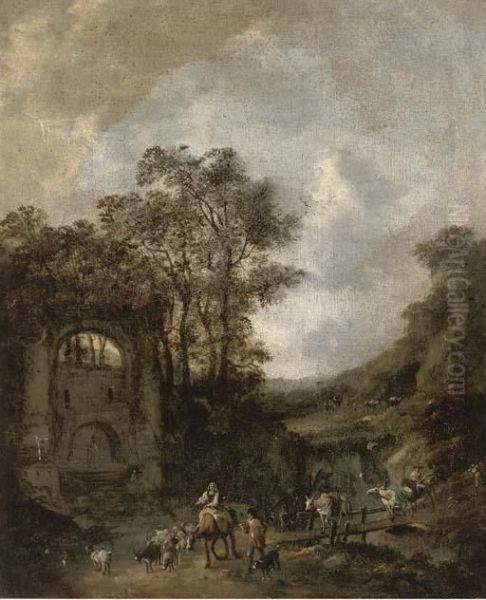 A River Landscape With Shepherds And Their Flock Crossing A Bridgeto A Fountain Oil Painting by Jan Wijnants