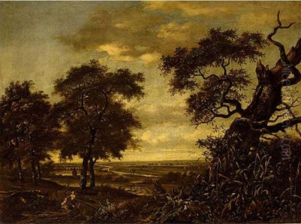 Travellers On A Path In An Extensive Wooded Landscape Oil Painting by Jan Wijnants