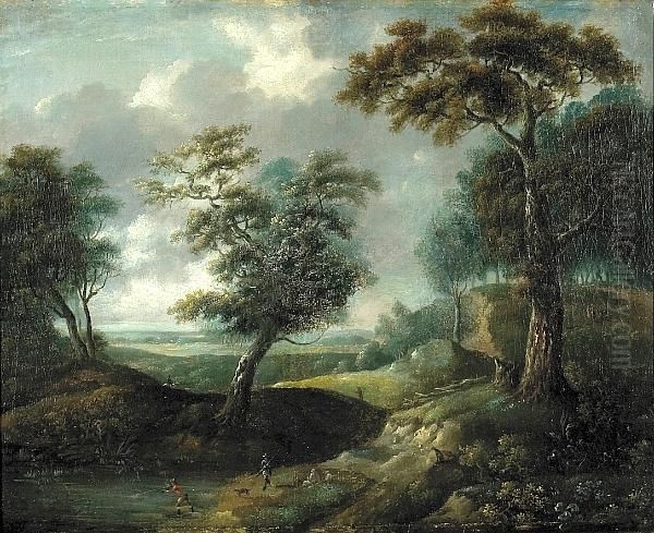 A Wooded Landscape With Huntsman At A Pond And Travellers Beyond Oil Painting by Jan Wijnants