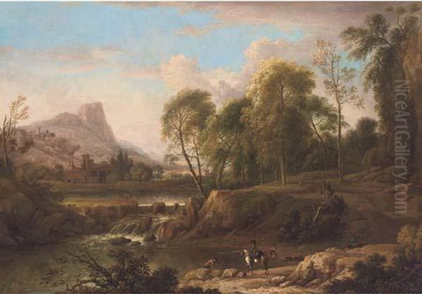 An Extensive Mountain Landscape 
With Horsemen On A Track Andbathers In A River, A Town Beyond Oil Painting by Jan Wijnants