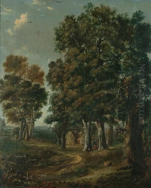 A Wooded Landscape With Travellers Resting Beside A Path Oil Painting by Jan Wijnants