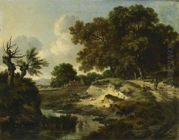 A Wooded Landscape With Travellers And A Dog On A Path Near A Stream, A Farm Beyond Oil Painting by Jan Wijnants