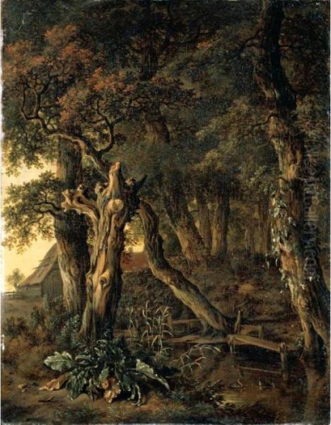 A Wooded Landscape With A Bridge Over A Stream And A Cottage Beyond Oil Painting by Jan Wijnants